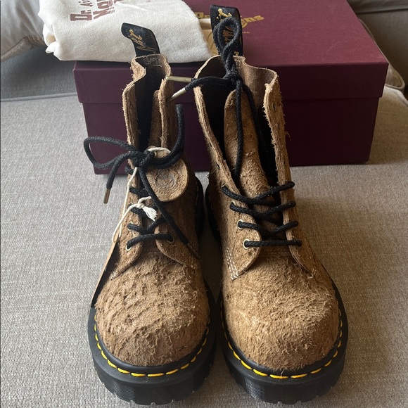 Dr. Martens Brown Fuzzy 1460 Lace-Up Boots with Yellow Stitching - Picture 7 of 9